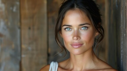 Fototapeta premium A young woman stands against a rustic wooden background, highlighting her clear blue eyes and gentle smile. Her hair is styled casually, enhancing the warm, inviting atmosphere