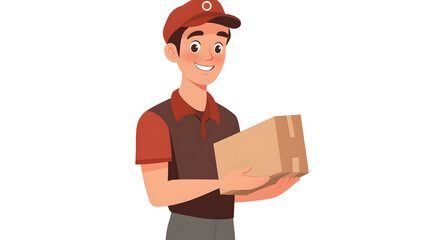 smiling courier in casual uniform holds package, ready for delivery