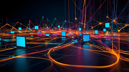 Digital network with interconnected devices and vibrant, glowing lines