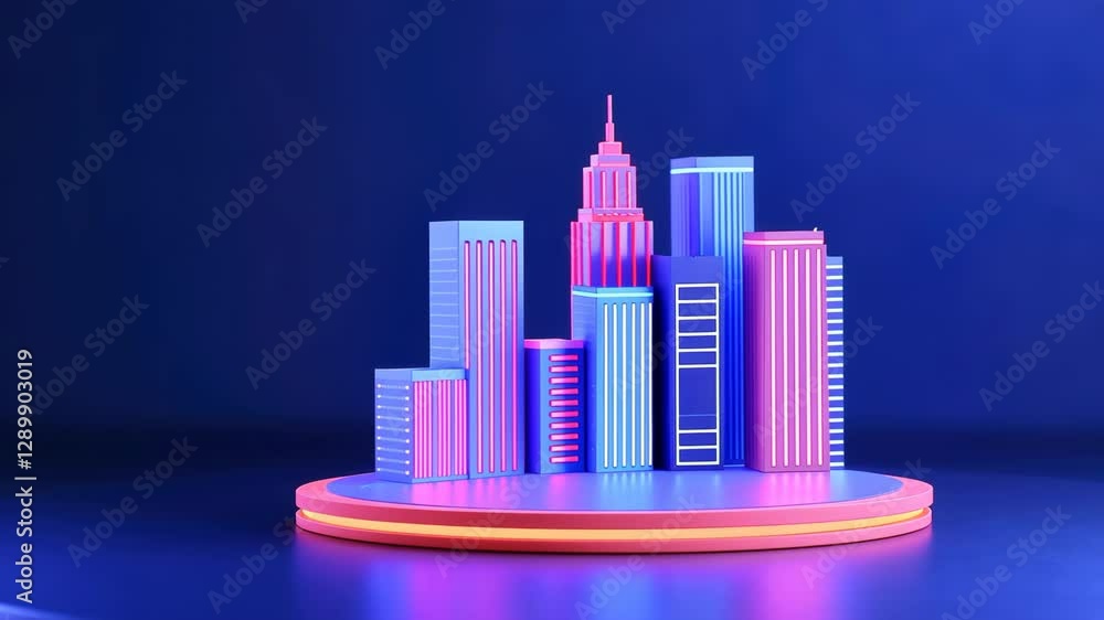 Poster futuristic cityscape model with neon lights on circular platform in dark blue background creating vi