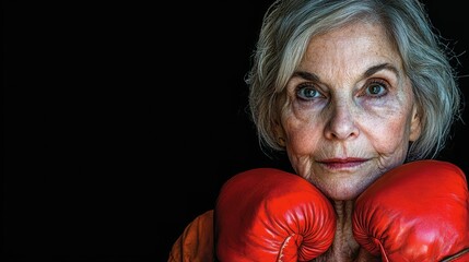 A senior woman faces the camera with confidence, wearing bright red boxing gloves. Her expression conveys strength and resilience, embodying empowerment and fighting spirit