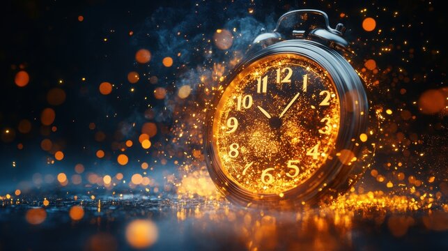 Clock with a glowing yellow face displaying the time in a dark environment for emphasis on illumination and design