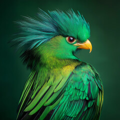 close up of a green  and yellow bird