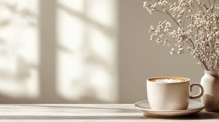 Cup of coffee on a wooden table next to a vase filled with colorful flowers