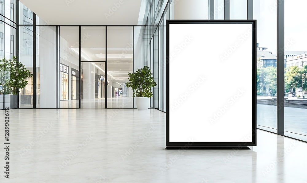 Poster empty indoor space featuring a blank signage board and large windows with greenery outside.