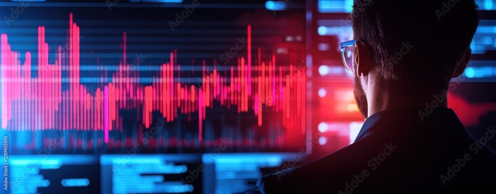 Poster a person analyzes data visualizations on a screen, showcasing rising and falling trends with a focus