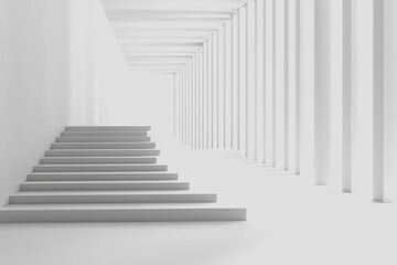 White stairs leading up in a minimalist white room with bright lighting and clean lines
