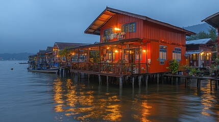 Illuminated Waterfront Houses at Twilight in a Calm Bay