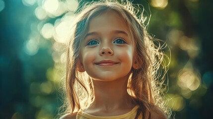 A young girl with long hair smiles joyfully while sunlight filters through lush green trees. The warm afternoon creates a serene and enchanting atmosphere