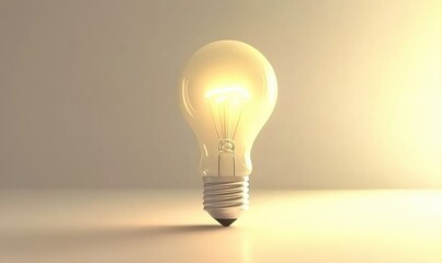 A glowing light bulb stands on a surface, illuminating a soft background, symbolizing ideas