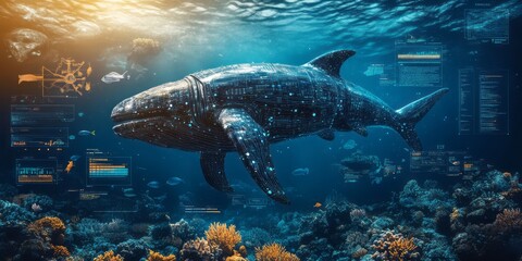 A technological whale shark swims peacefully in the ocean depths