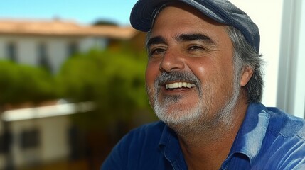A man with a gray beard and cap smiles warmly while seated by a window. Sunlight filters in, illuminating his relaxed demeanor and the greenery outside. The atmosphere feels inviting and cheerful