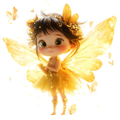 Fluffy 3D Cartoon Fairy with Glowing Butterfly Wings Isolated on Transparent Background