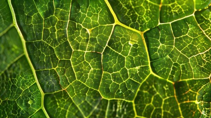 Obraz premium A highly detailed macro photograph capturing the intricate vein network of a vibrant green leaf.