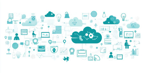 Digital cloud technology illustration featuring various icons and symbols representing data, security, and connectivity. This vibrant design showcases interconnectedness of modern technology