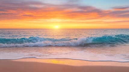 Obraz premium Caribbean sunset with orange and pink hues, calm waves, and a clean horizon, evoking serenity and natural beauty. 