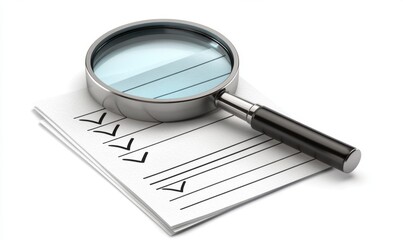 A magnifying glass examining a checklist on a white surface, symbolizing attention to detail in audits