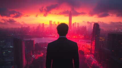 Fototapeta premium Man Contemplating City Sunrise