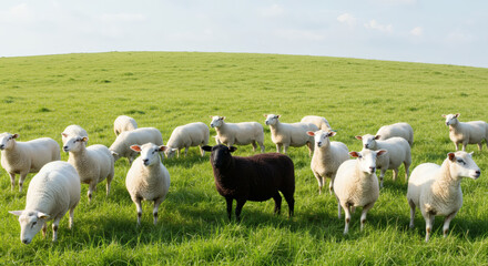 Fototapeta premium A striking image of a realistic black sheep standing out among a flock of white sheep, perfect for illustrating uniqueness, diversity, or individuality. Ideal for editorial, advertising, or creative p