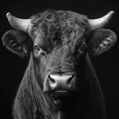A black and white portrait of a cow and a bull in a rural farm setting, showcasing the beauty of livestock, including their heads and horns, surrounded by grass and nature