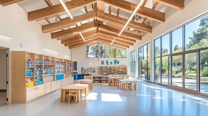 Modern preschool classroom interior with wooden beams, natural light, and outdoor garden view