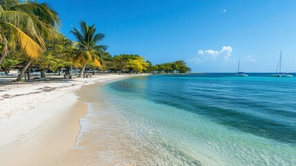 Fototapeta premium Tropical Beach with Turquoise Waters and Sunlit Sand