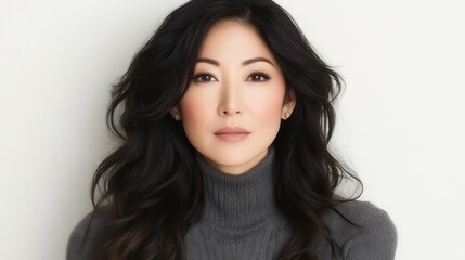 A woman with long, flowing black hair and a turtleneck sweater stands confidently. Her expression is calm and composed, framed by a simple light backdrop