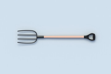 One pitchfork on gray background. Agricultural 4 prongs hayfork. Gardening equipment. Top view. 3d render