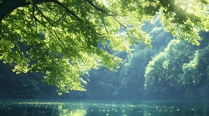 Sunlit Green Forest Lake Landscape