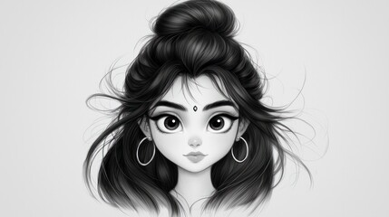 Elegant Monochrome Illustration  Woman with Afro Bun  Hoop Earrings