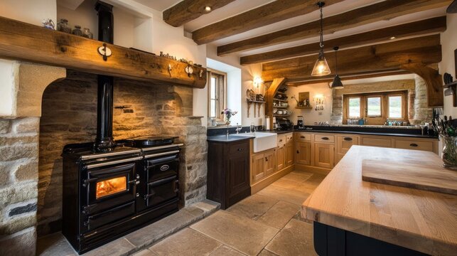 Rustic Charm: A Country Kitchen with Exposed Beams and Aga