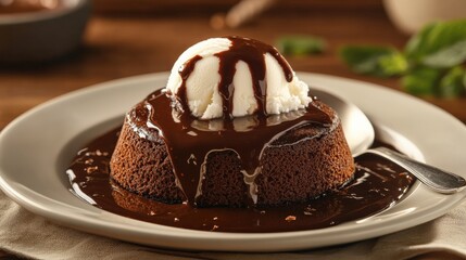 A small, round chocolate lava cake with vanilla ice cream on top, drizzled in fudge sauce and melting into the center of its white plate. A spoon is sitting next to the food