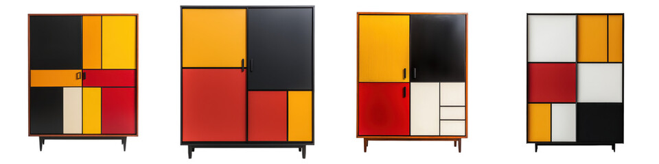 Stylish and contemporary geometric furniture cabinet with a minimalist design featuring bright color blocks cubes and rectangles arranged in a modern organized pattern