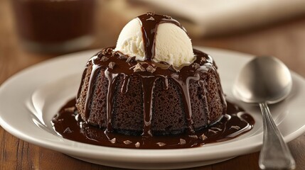 A small, round chocolate lava cake with vanilla ice cream on top, drizzled in fudge sauce and melting into the center of its white plate. A spoon is sitting next to the food