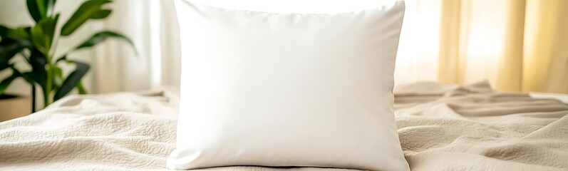 Obraz premium A clean white pillow rests on a cozy bed with soft textures and natural light.
