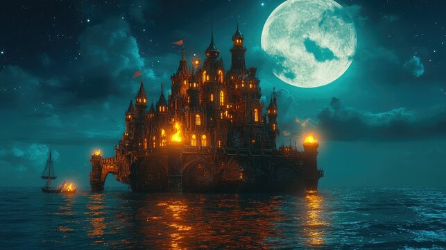 Nighttime sea castle, lit, moonlit, mysterious.