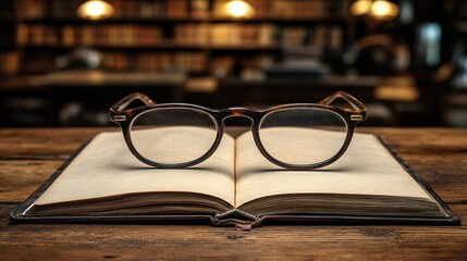 Open Book and Eyeglasses on Wooden Table in Library Setting