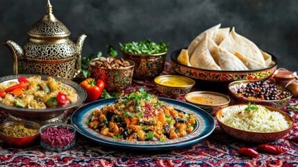 Fototapeta premium Colorful Traditional Cuisine Display with Spices and Flatbread