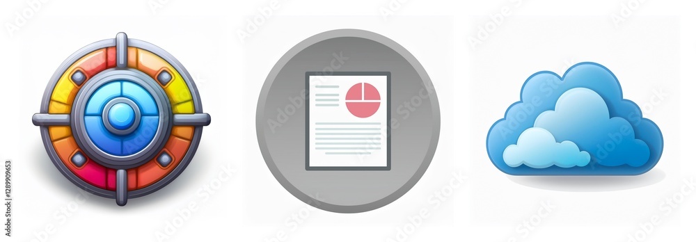 Poster three app icons depict digital concepts: a colorful shield for security, a document with a chart for