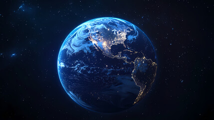 Earth night view with glowing blue planet