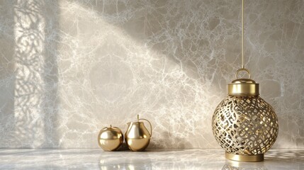 Elegant gold lantern casting intricate shadows on a marble surface with decorative golden orbs in soft light