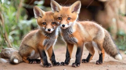 Fototapeta premium Two red fox cubs facing forward in outdoor setting