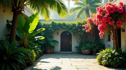 Serene Courtyard Entryway with Lush Tropical Foliage and Vibrant Blossoms