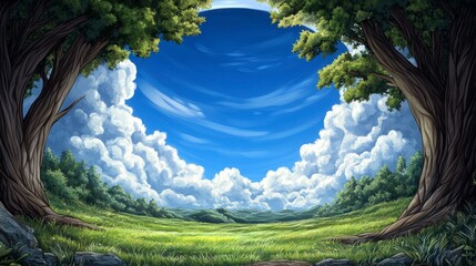 Serene Forest View with Expansive Blue Sky and Fluffy Clouds