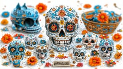 Fototapeta premium Dia de Muertos Sugar Skulls Colorful Mexican Holiday Art