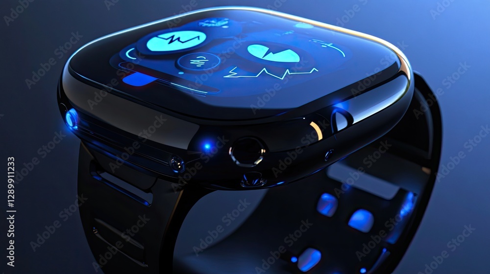 Aufkleber futuristic smartwatch displaying health metrics in a dark studio setting with led lights