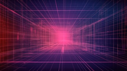 Abstract red and purple glowing grid tunnel.