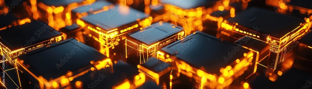 Poster a close-up view of illuminated circuit boards, showcasing intricate designs with glowing edges and d