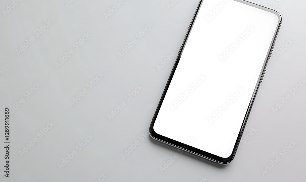 Poster a smartphone with a blank screen rests on a minimalistic surface.