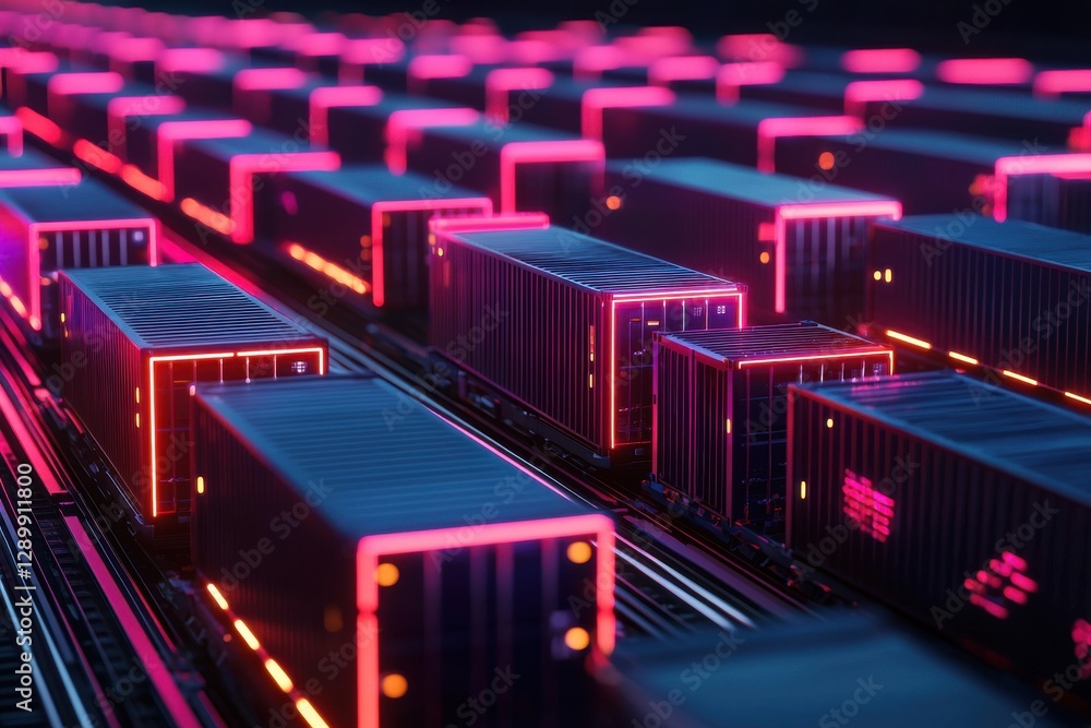 Poster a vibrant array of illuminated cargo containers lined along train tracks, showcasing dynamic colors 